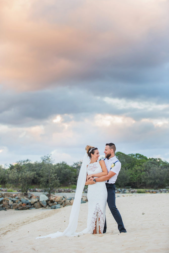cute bride and groom at mooloolaba sunshine coast