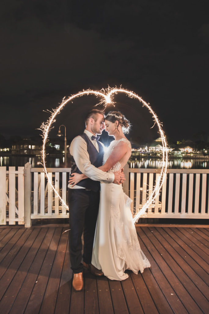 night photography of bride and groom with sparklers
