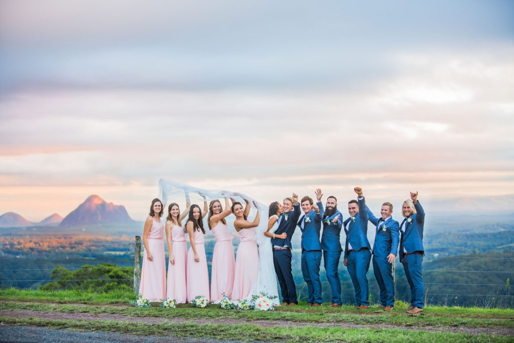 photograph of bridal party on sunshine coast hinterland cloudy day