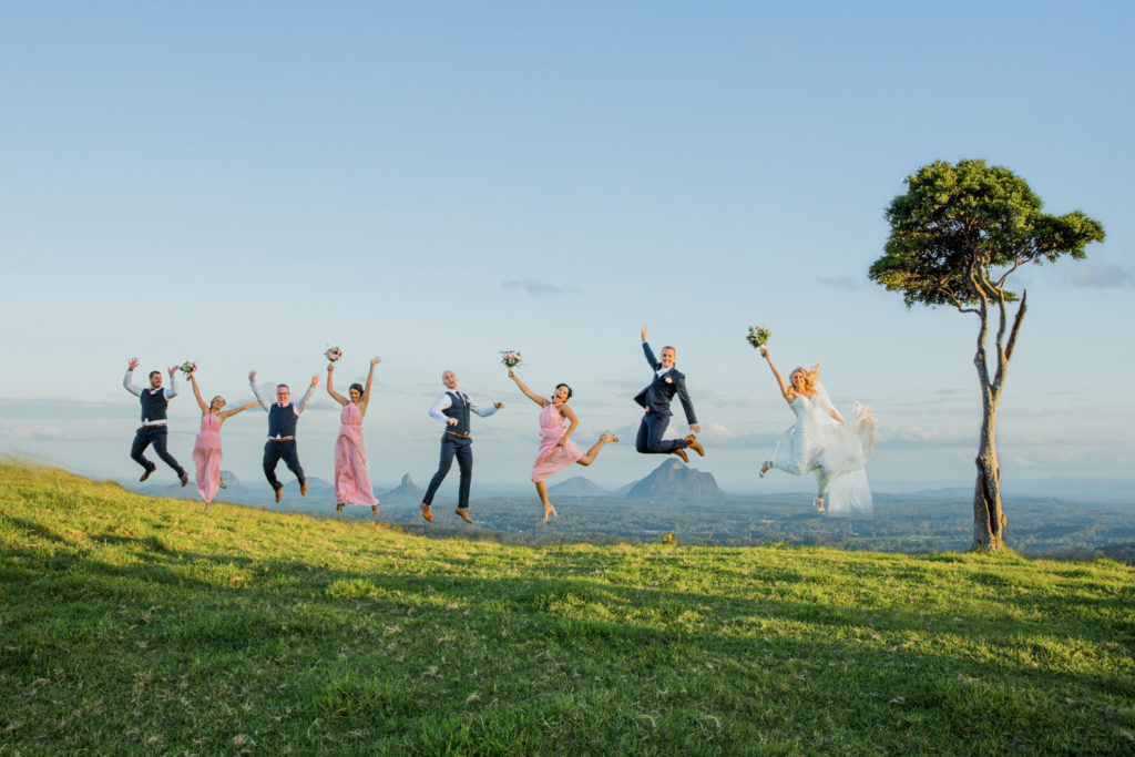 photograph of fun bridal party at flaxton gardens sunshine coast hinterland